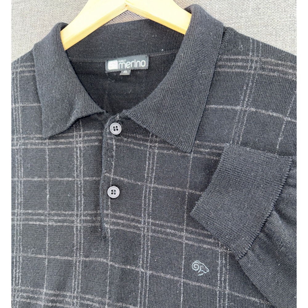 Purely Merino Mens XL Black Wool Windowpane Long Sleeve Polo Sweater Woolmark
